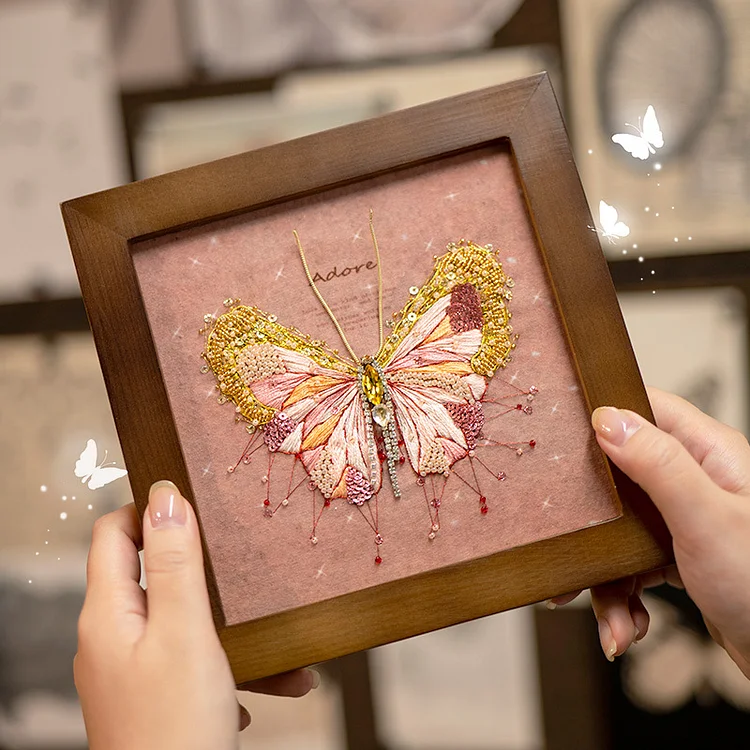 European Style Three-Dimensional Embroidery Handmade Diy Material Package Blue Butterfly Photo Frame Painting French Style Table Setting Couple Gift(18*18cm)