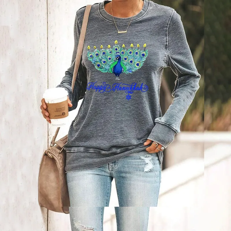 Women's Peacock Happy Hanukkah Printed Sweatshirt