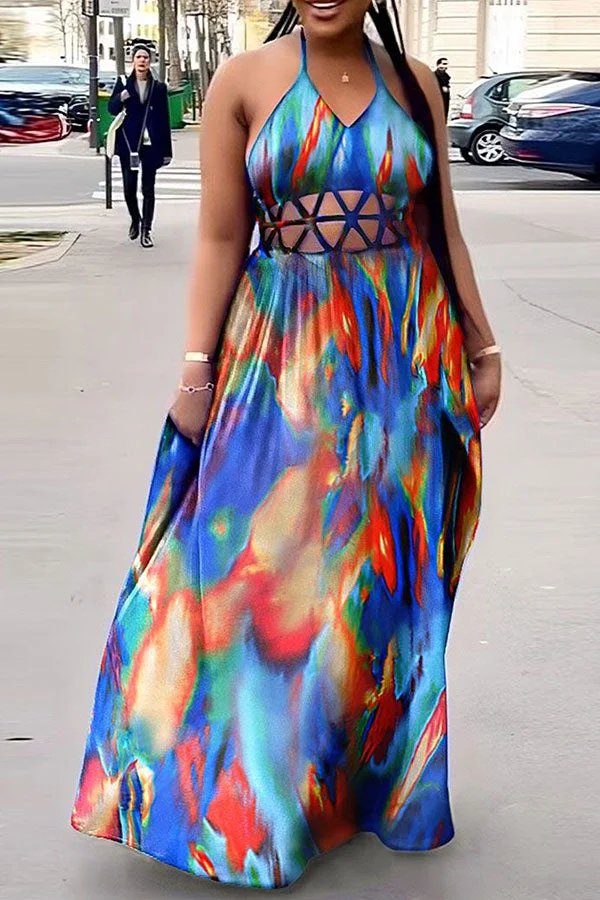 Tie Dye Feminine Halter Collar Cutout Maxi Dress