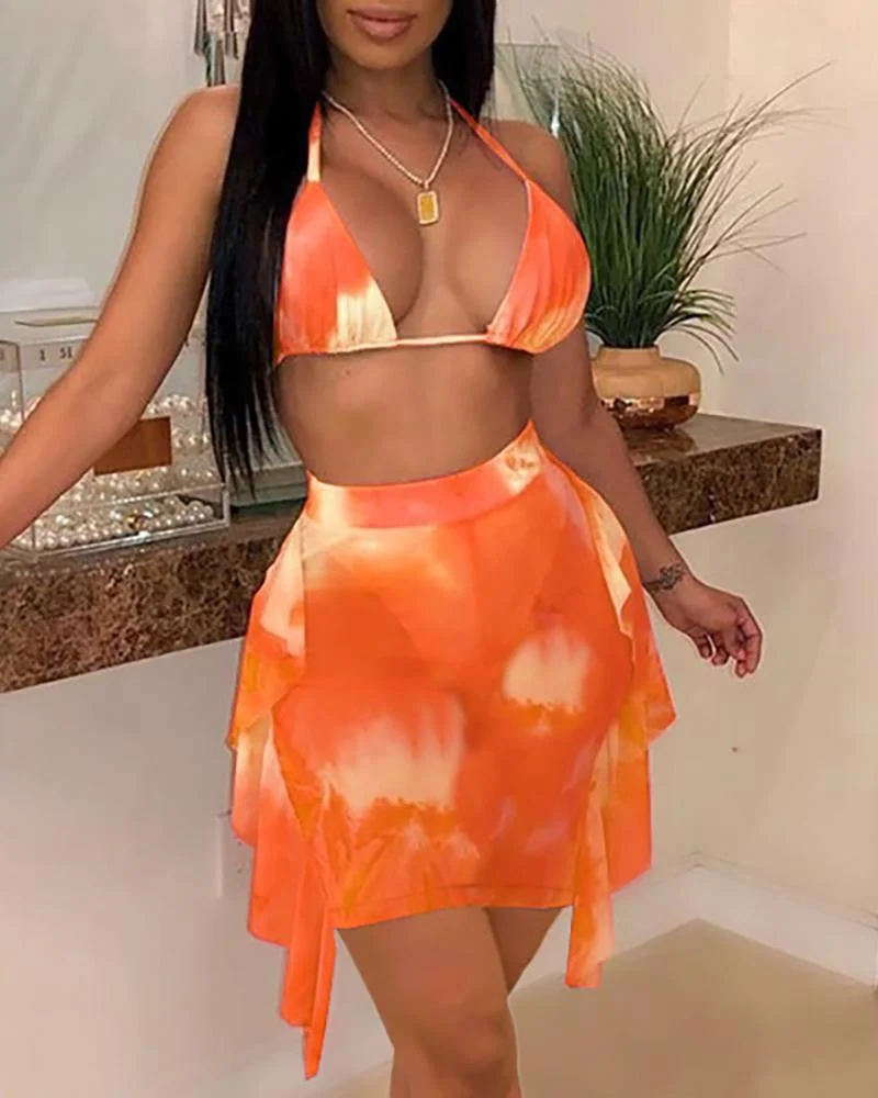 Halter Tie Dye Print Top & Sheer Mesh Ruffles Skirt Set