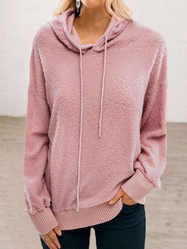Hoodie Long Sleeve Solid Cotton-Blend Sweater | EGEMISS