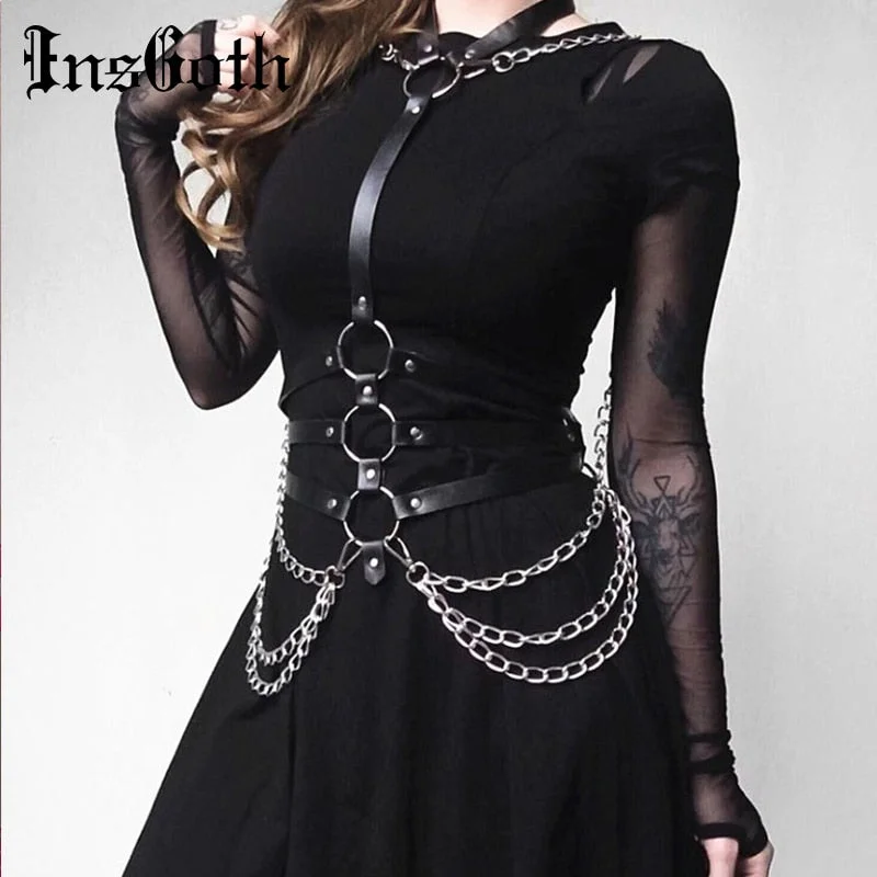 InsGoth Sexy Women Leather Belt Gothic Harajuku Leather Chain Halter Belt Adjustable Bondage Holographic Metal Chain Harness