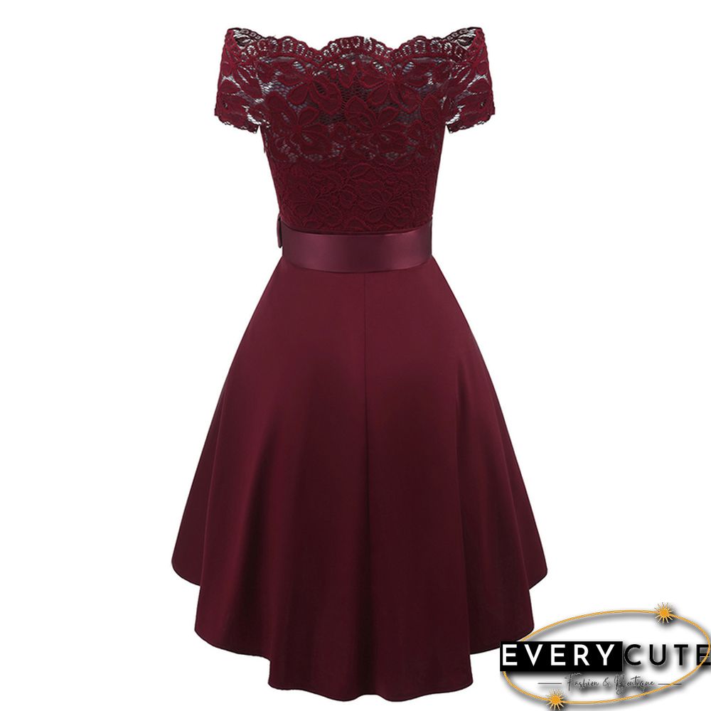 Wine Red Off Shoulder Short Sleeve Prom Dress
