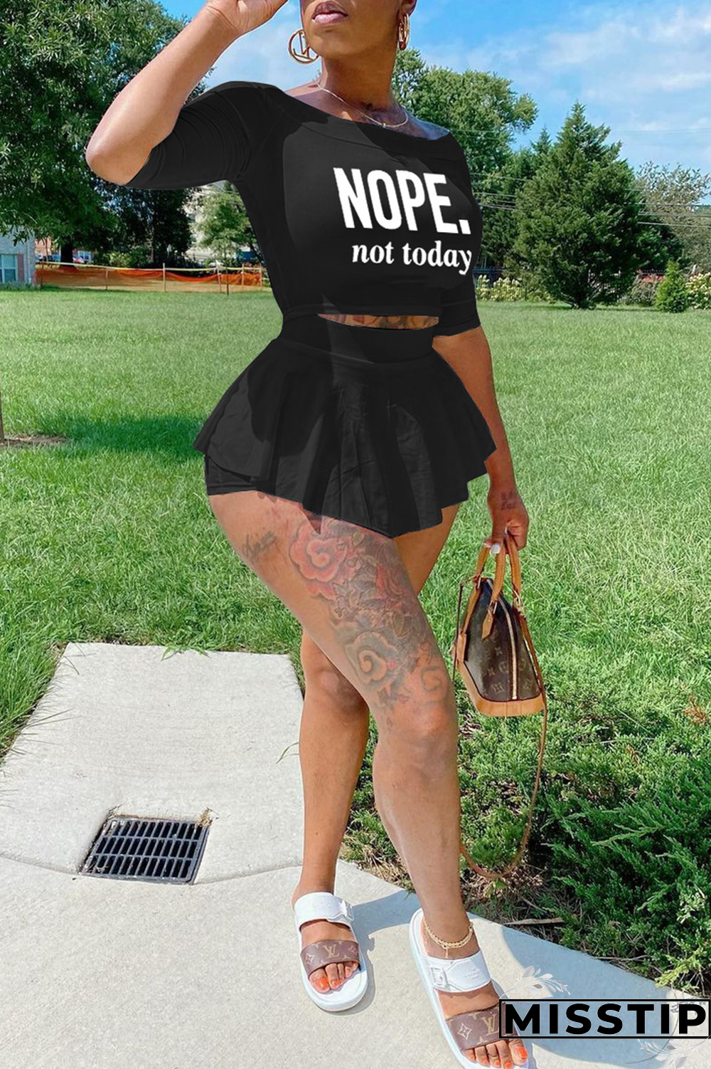 Black Fashion Print Flounce Off the Shoulder Three Quarter Two Pieces