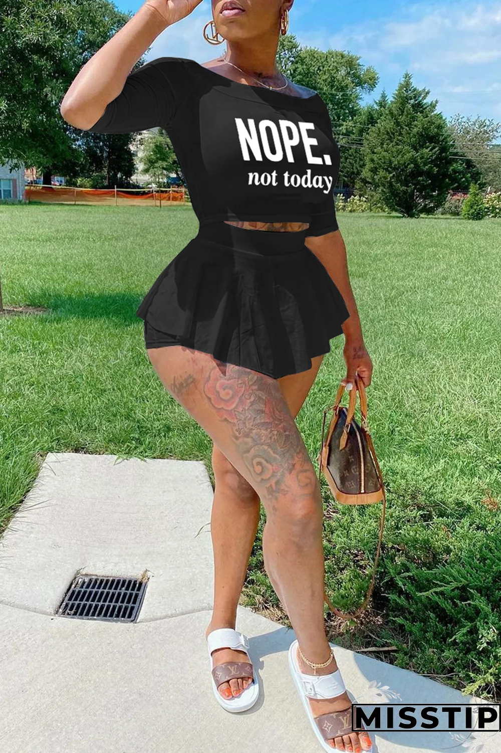 Black Fashion Print Flounce Off the Shoulder Three Quarter Two Pieces