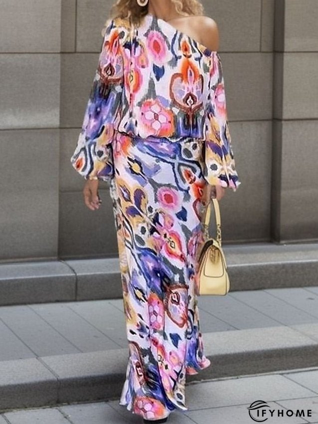 Two Piece Dress Set Casual Dress Sheath Dress Outdoor Daily Fashion Streetwear Print Maxi Dress One Shoulder Long Sleeve Graphic Abstract Loose Fit Red Royal Blue Sky Blue Summer Spring S M L for Women | IFYHOME