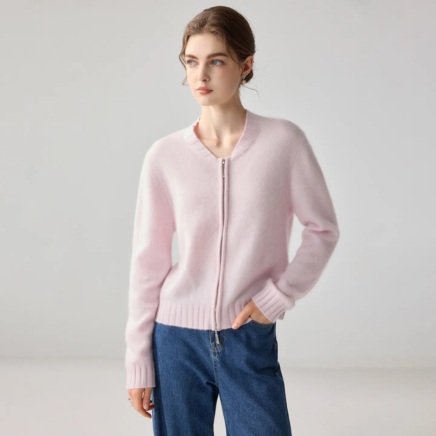 Women's Mongolian Cashmere Cardigan Regular Fit Zip-Front REAL SILK LIFE