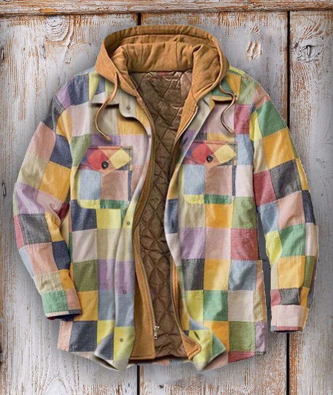 Men's Autumn and Winter Plaid Long Sleeve Loose Hooded Jacket