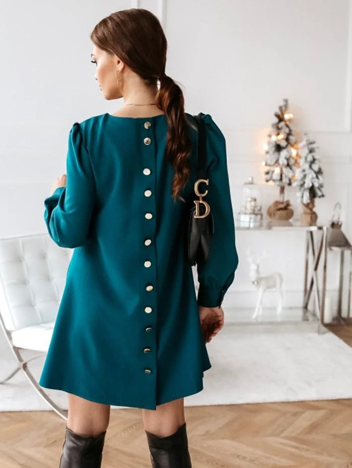 Graduation Gifts  2023 Spring O-neck Metal Buttons Women Dress Casual Loose Autumm Long Sleeve Solid Elegant Dress Lady Plus Size 3XL Tops