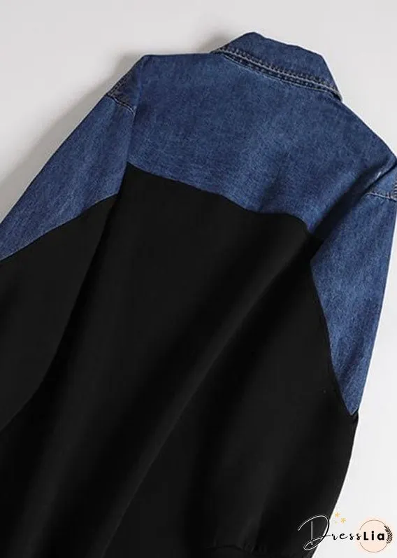 Organic Black Peter Pan Collar Denim Patchwork Button Maxi Dress Long Sleeve