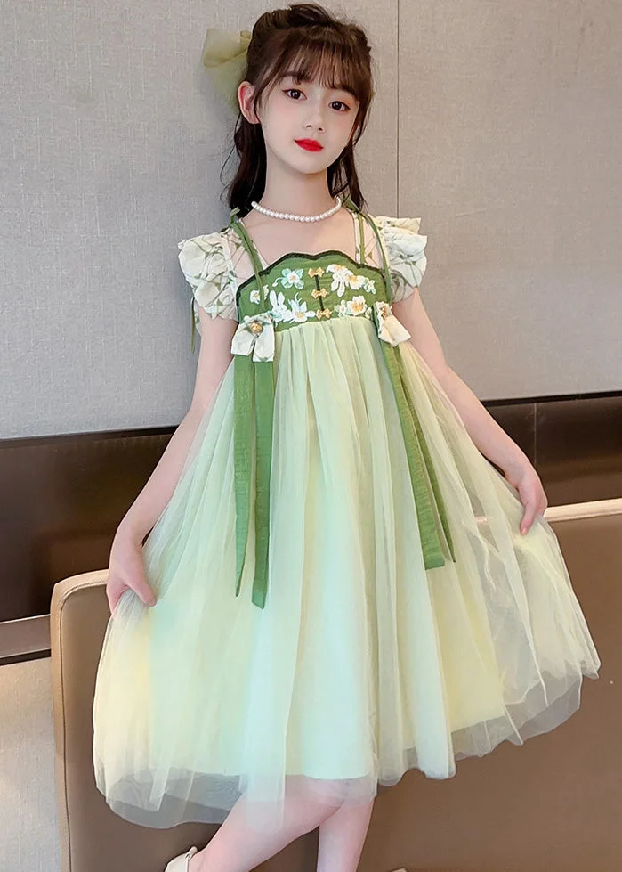 Art Light Green Embroidered Tassel Tulle Kids Maxi Dress Short Sleeve