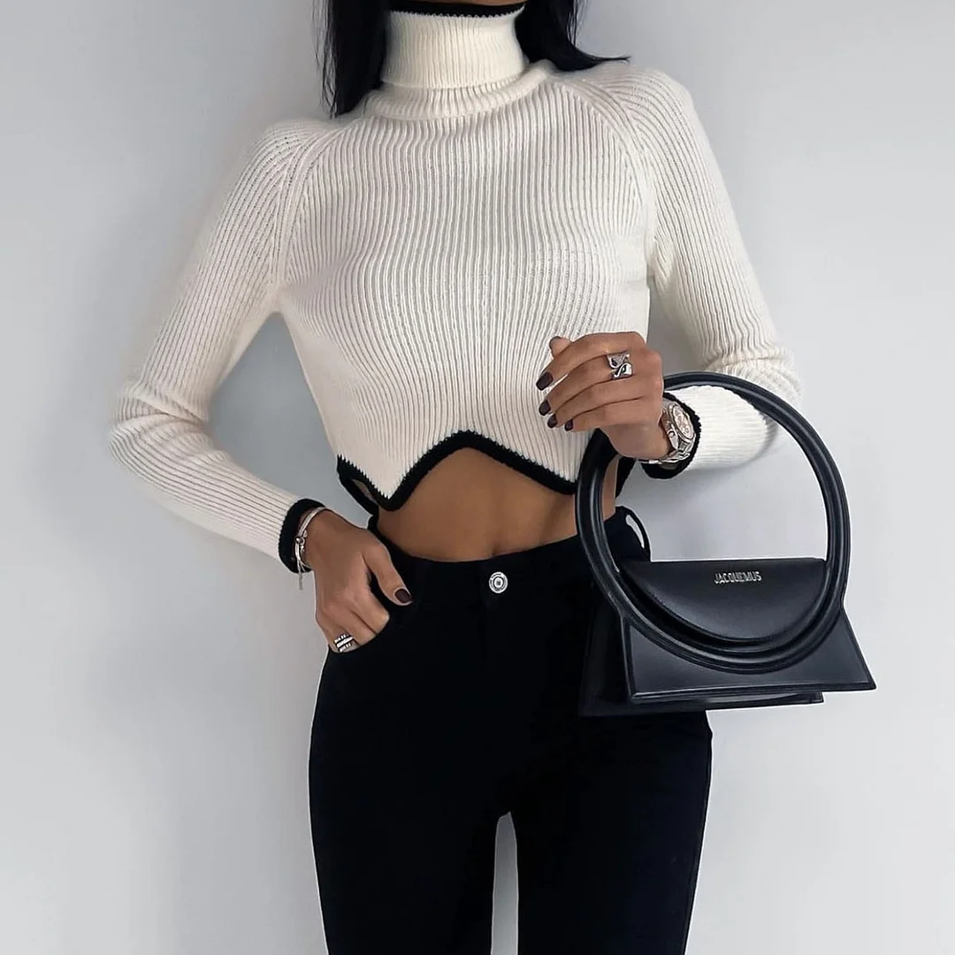 Brownm Brownm Autumn And Winter Explosion Of Women's High-Collar Irregularly Swing Short Sweater Women