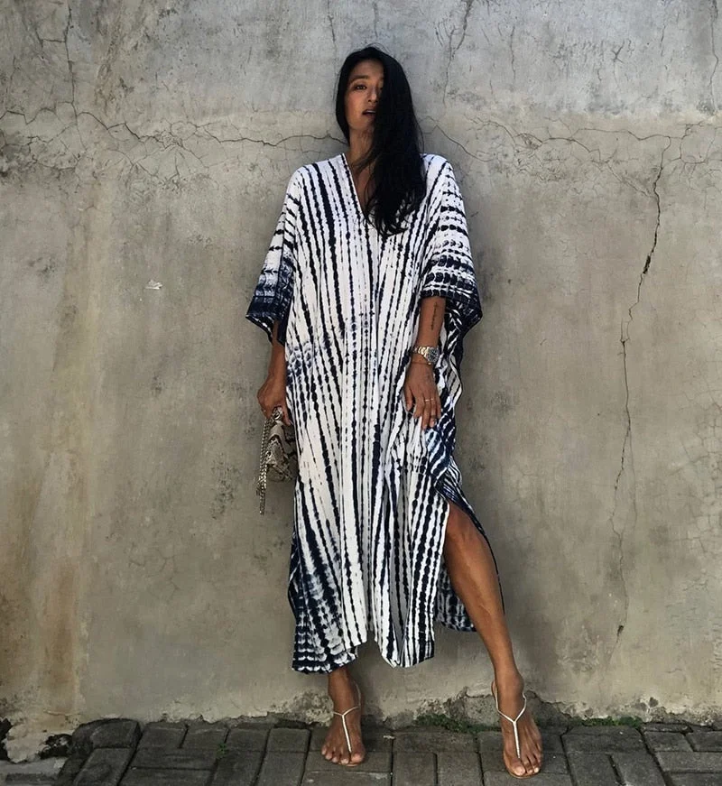 Fitshinling Halo Dyeing Vintage Beach Long Dress Women V Neck Oversize Robe Side Split Loose Kaftan Holiday Boho Maxi Dresses