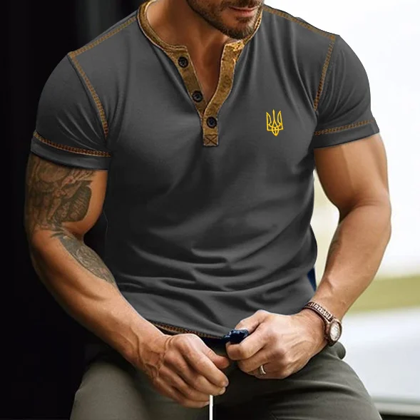 Simpfit Lässiges Henley-T-Shirt mit Ukraine-Dreizack-Stickerei für Herren
