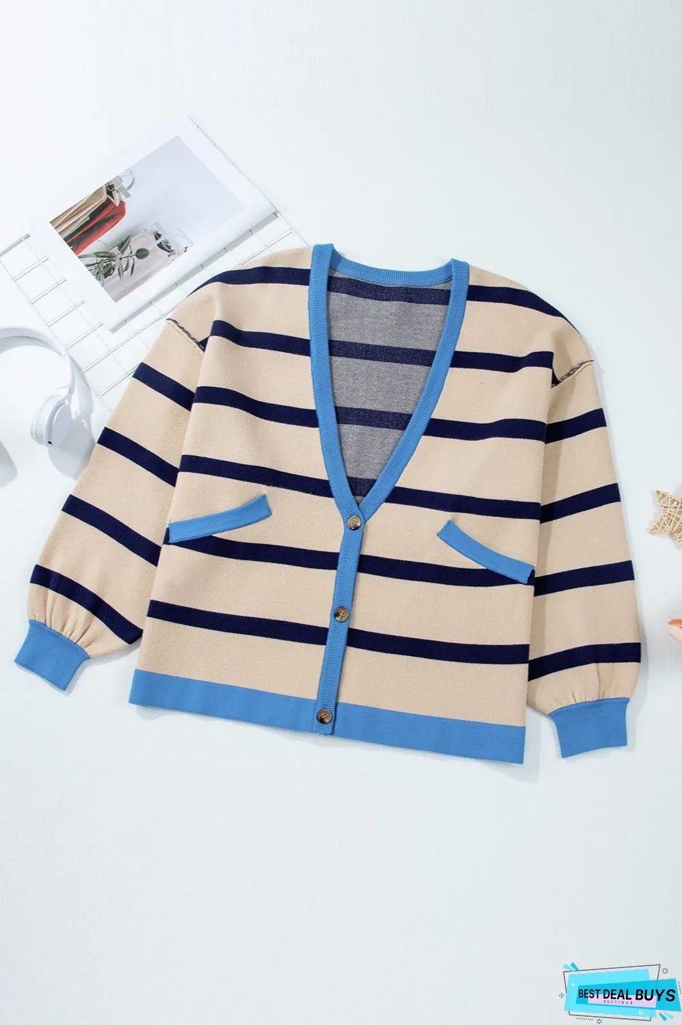 Striped Button Up Long Sleeve Cardigan