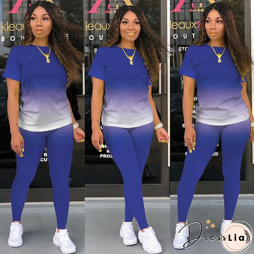 New Women's Fashion Gradient Short Sleeve Top and Pants Casual Sportswear Suit Two-piece Suit Plus Size