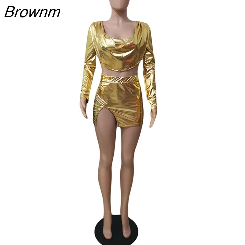 Brownm Hot Womens Goden Draped Skirt Set Two-Piece Outiftis Fashion Solid Crop Top And Side Slit Skirt Set Sexy Clubwear