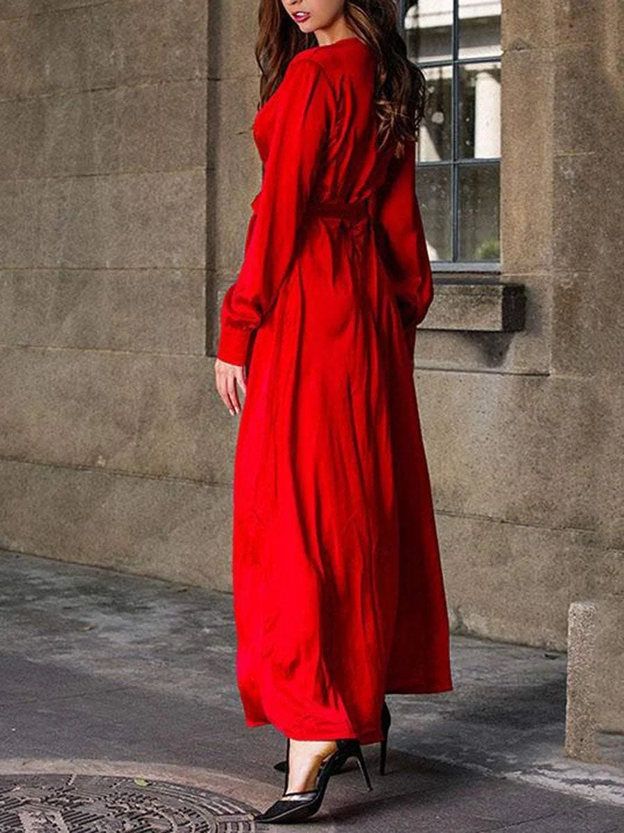 V Neck Wrap Sashes Sexy Elegant Split Long Sleeve Dress