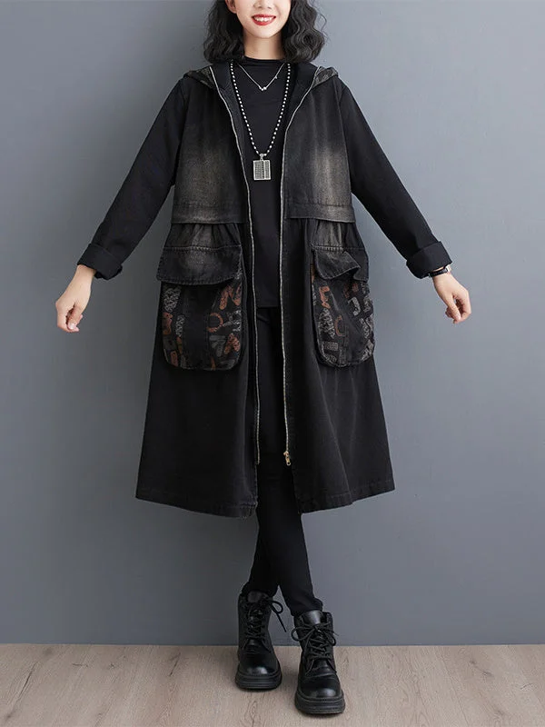 Women's Long Sleeve Hooded Floral Printed Pockets Zipper Plus Size Loose Retro Denim Jacket Coats