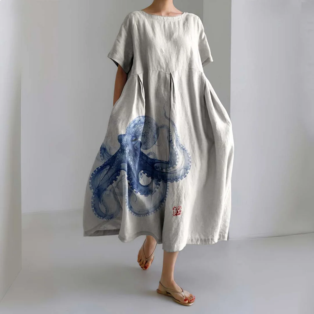 Japanese Art Ethereal Octopus X-Ray Print Casual Art Linen Blend Maxi Dress