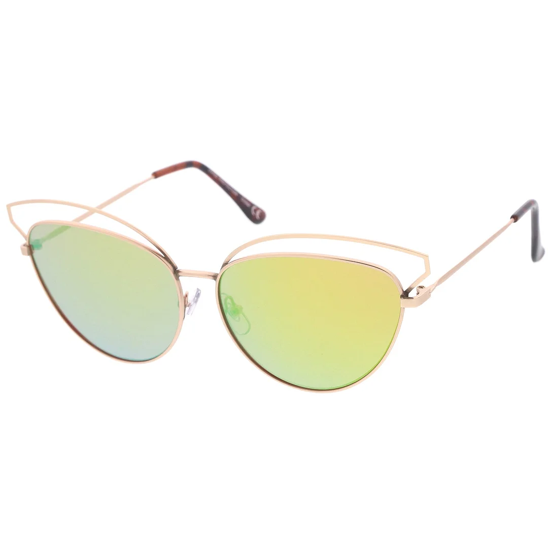 Women's Open Metal Frame Colored Mirror Oversize Cat Eye glasses 58mm