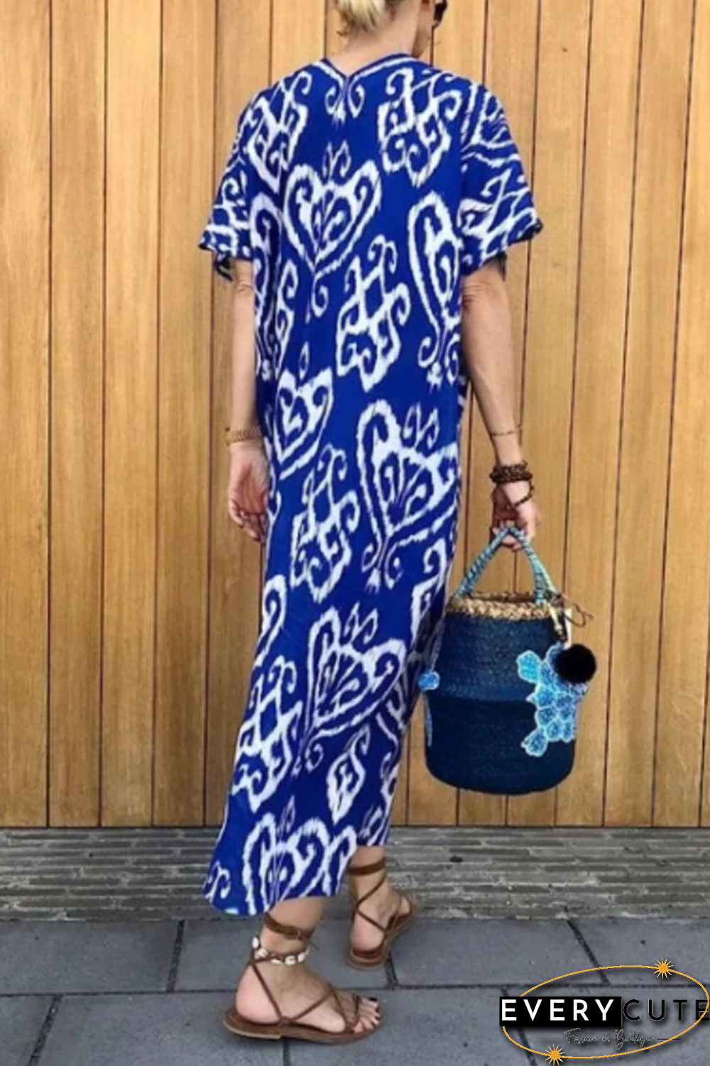 Casual Print Split Joint V Neck Straight Dresses