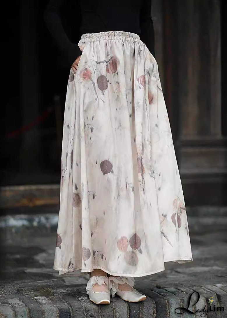 2024 New Print Pockets Elastic Waist Silk Skirts Summer