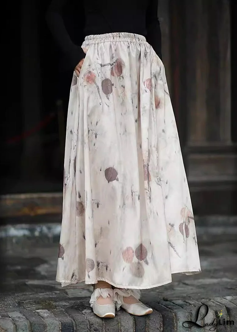 2024 New Print Pockets Elastic Waist Silk Skirts Summer