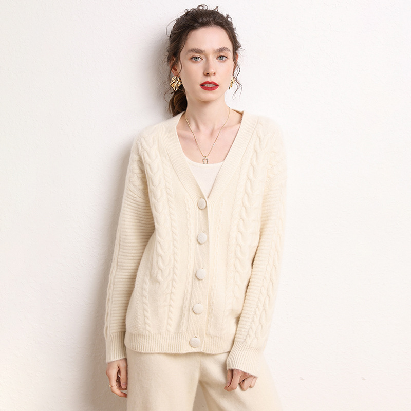 V Neck Cable Cashmere Cardigan REAL SILK LIFE