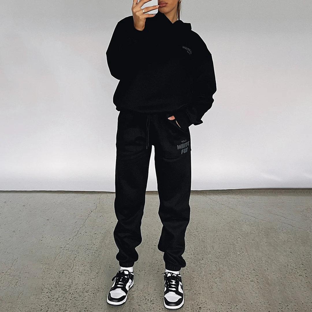 Fashion Sports LOGO Long Sleeve Pullover Hooded Sweatshirt Two Piece Set