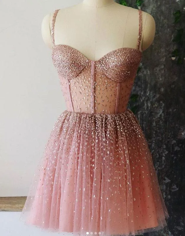 A-line Spaghetti Straps Short Prom Dresses Dusty Pink Beaded Homecoming Dress