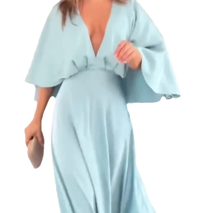 Toloer Toloer Summer New Leisure Light Luxury Home Deep V Pure Color Loose Dress-Outfit Ideas