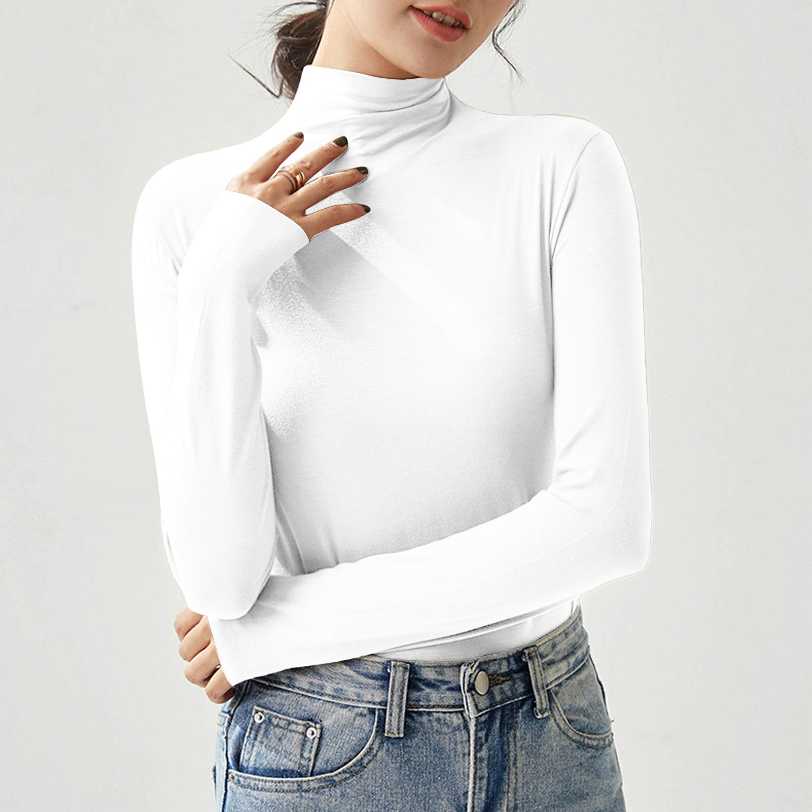 Women Autumn Slim Fit T-shirts New Half Turtleneck Elastic Versatile Basic Shirt Soft Tight Elegant Temperament Show Thin Tops