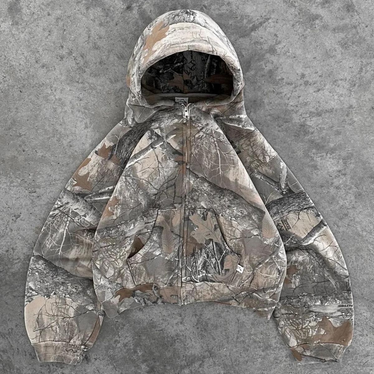 Street Trendy Earth Tone Tree Camo Loose Zip Up Hoodie
