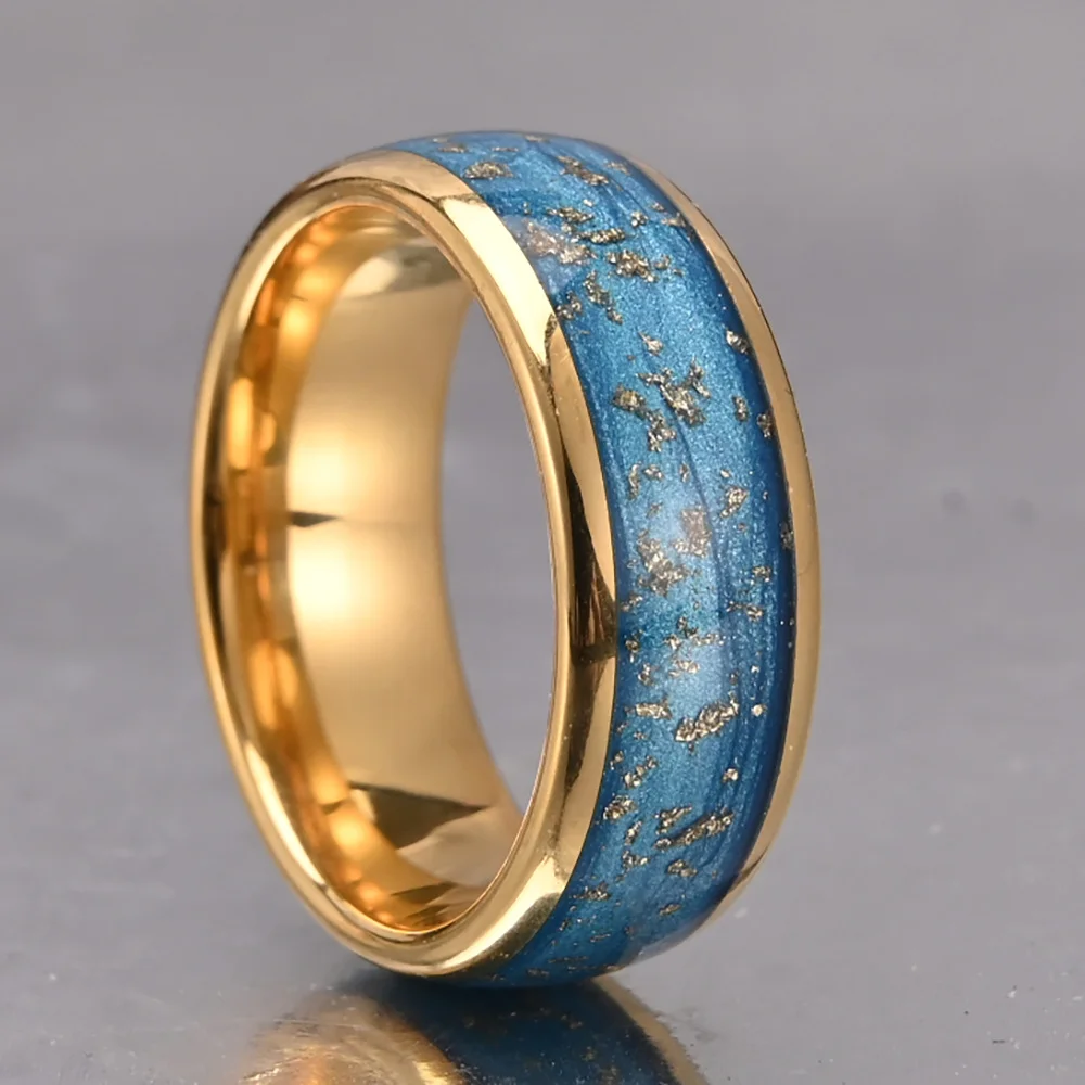 8MM Mens Women Tungsten Carbide Rings Blue Domed Electroplated Gold Foil Couple Bands