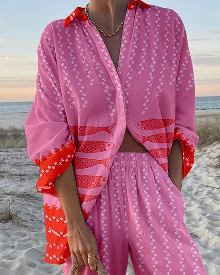 Retro vacation sardines fish print two-piece set