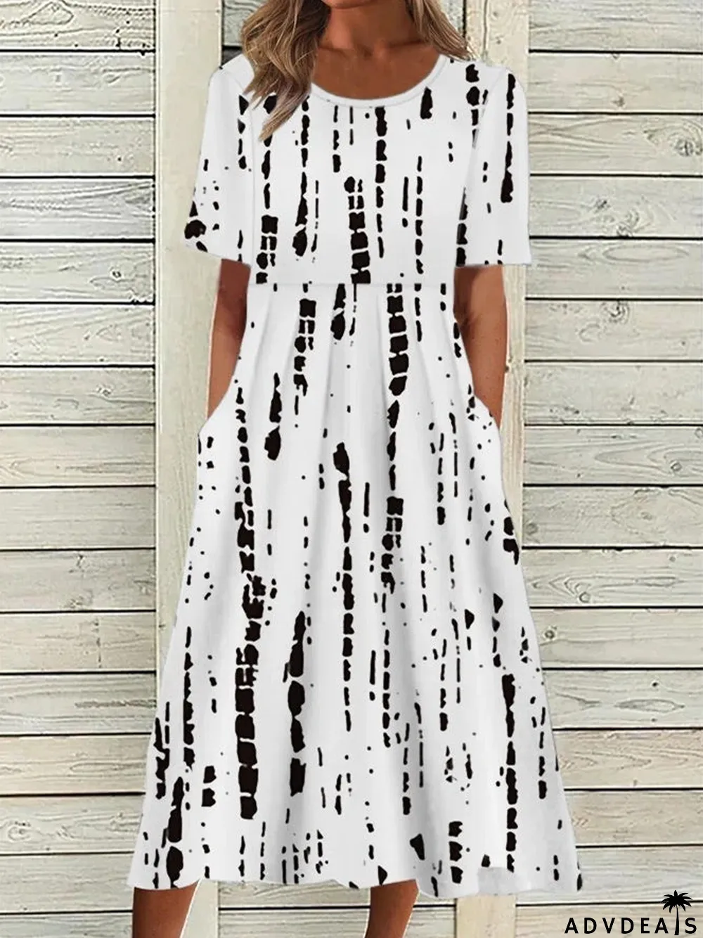 Women Short Sleeve Scoop Neck Floral Printed Polka Dot Graphic Midi Dress