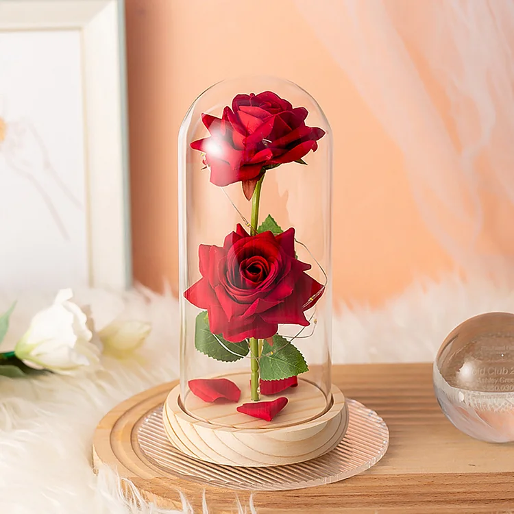 2 Red Everlasting Rose Flowers Wooden Base/Black Base Glass Dome