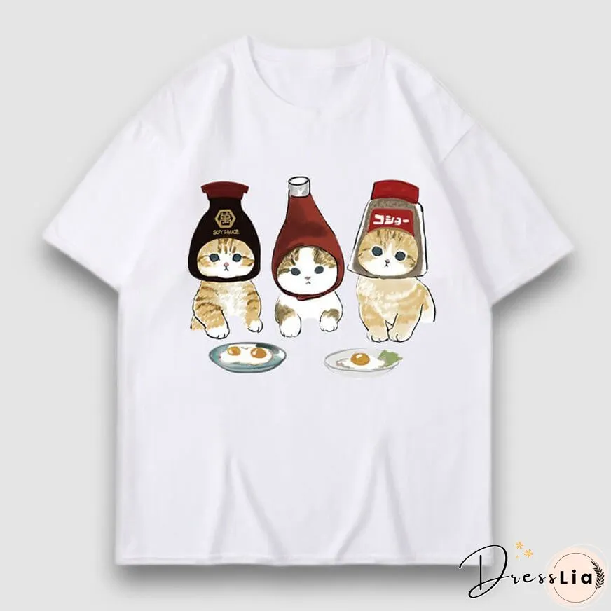 Three Cat Cartoon Print Tee
