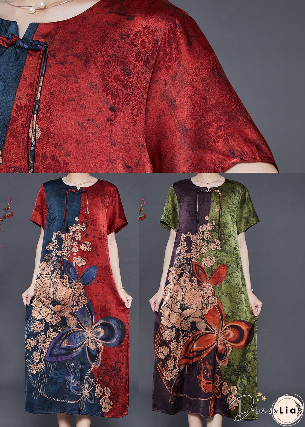 Green Print Silk Holiday Dress Chinese Button Summer