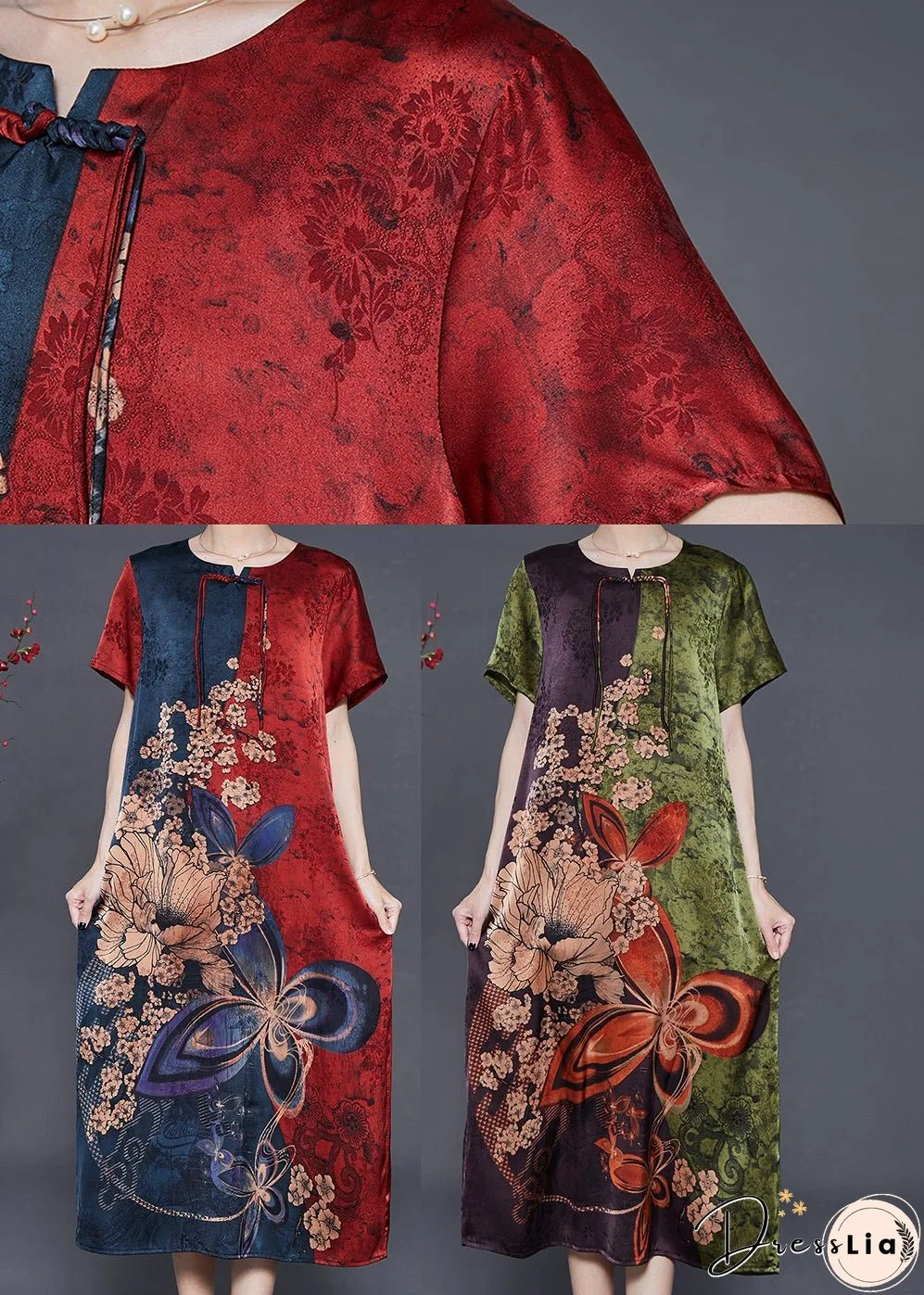 Green Print Silk Holiday Dress Chinese Button Summer