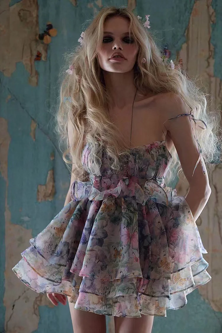 Butterflies Print Ruffled Cinch Waist Tiered Hem Slip Mini Dresses-Green