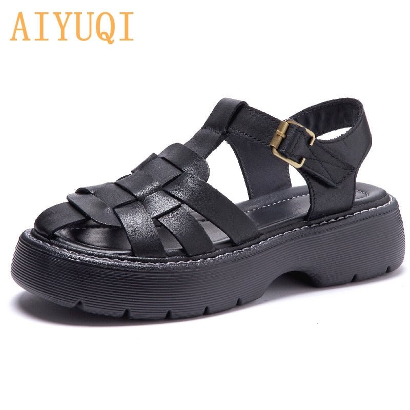 AIYUQI Sandals Women Summer 2021 New Genuine Leather Baotou Roman Sandals Ladies Retro Hollow Woven Women Sandals