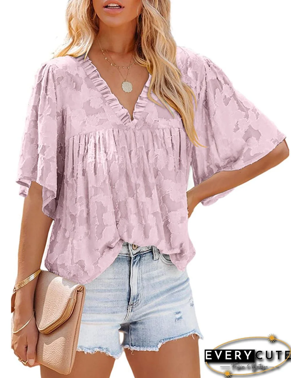 Pink Ruffle Detail V Neck Chiffon Floarl Texture Tops