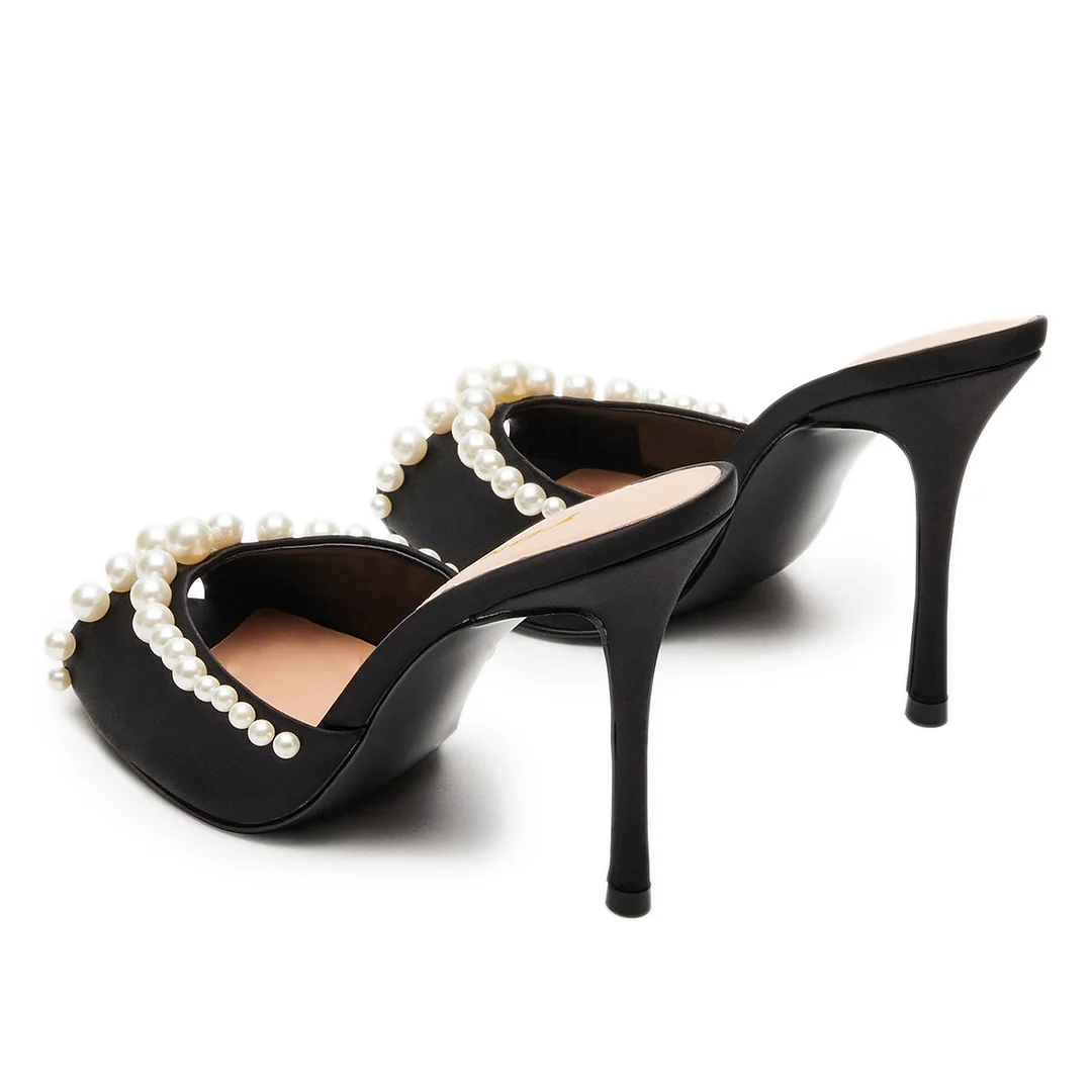 Satin Pearl Embellished Wide Band Elegant Mules with Stiletto Heel