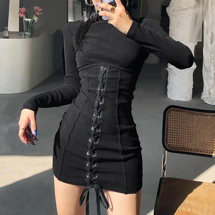 Goth Slim Fit Long Sleeve Black Mini Dress