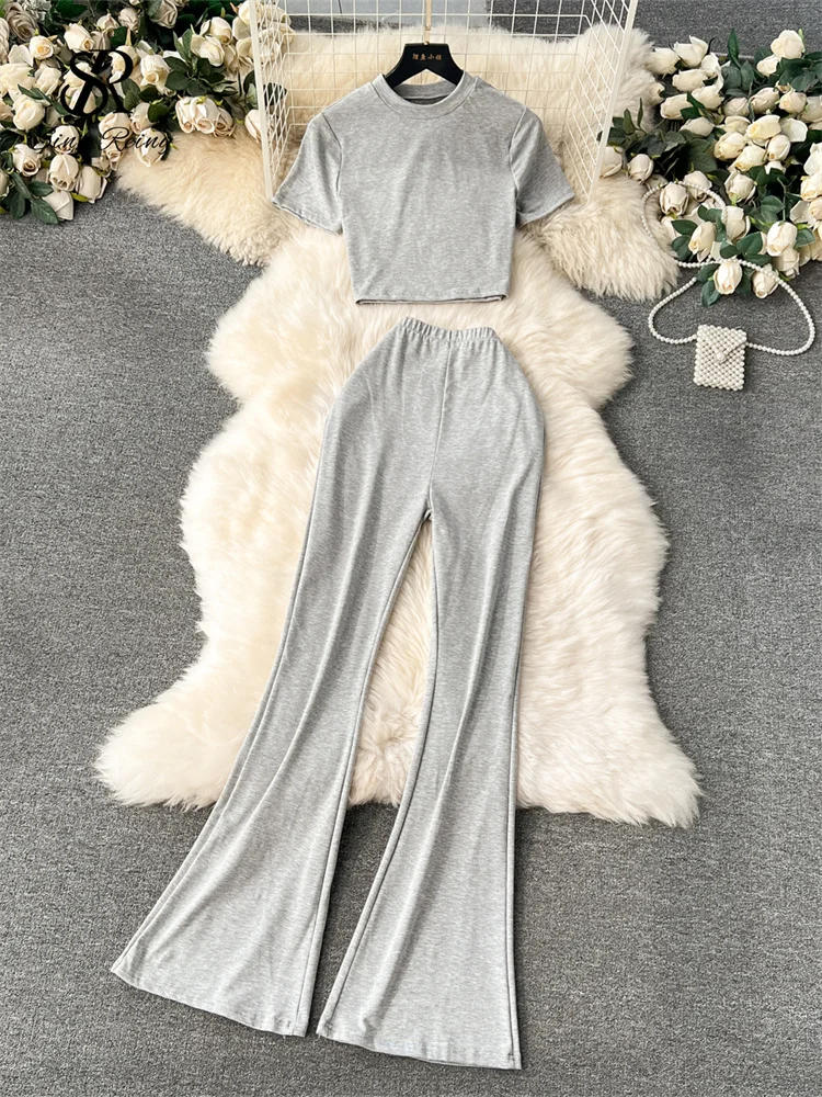 Huibahe 2024 Y2k Women Sets Short Skinny Crop Tops+Long Flare Pants Simple Style Fashion Streetwear Casual Two Pieces Suits