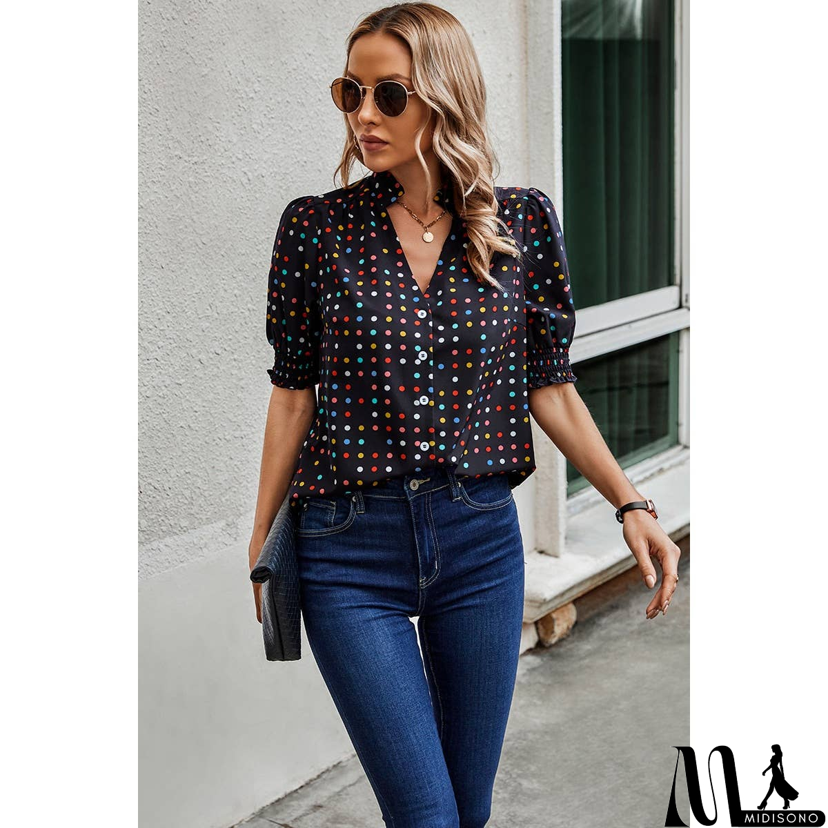 MidiSono - Polka Dot Print Puff Sleeve Button Shirt