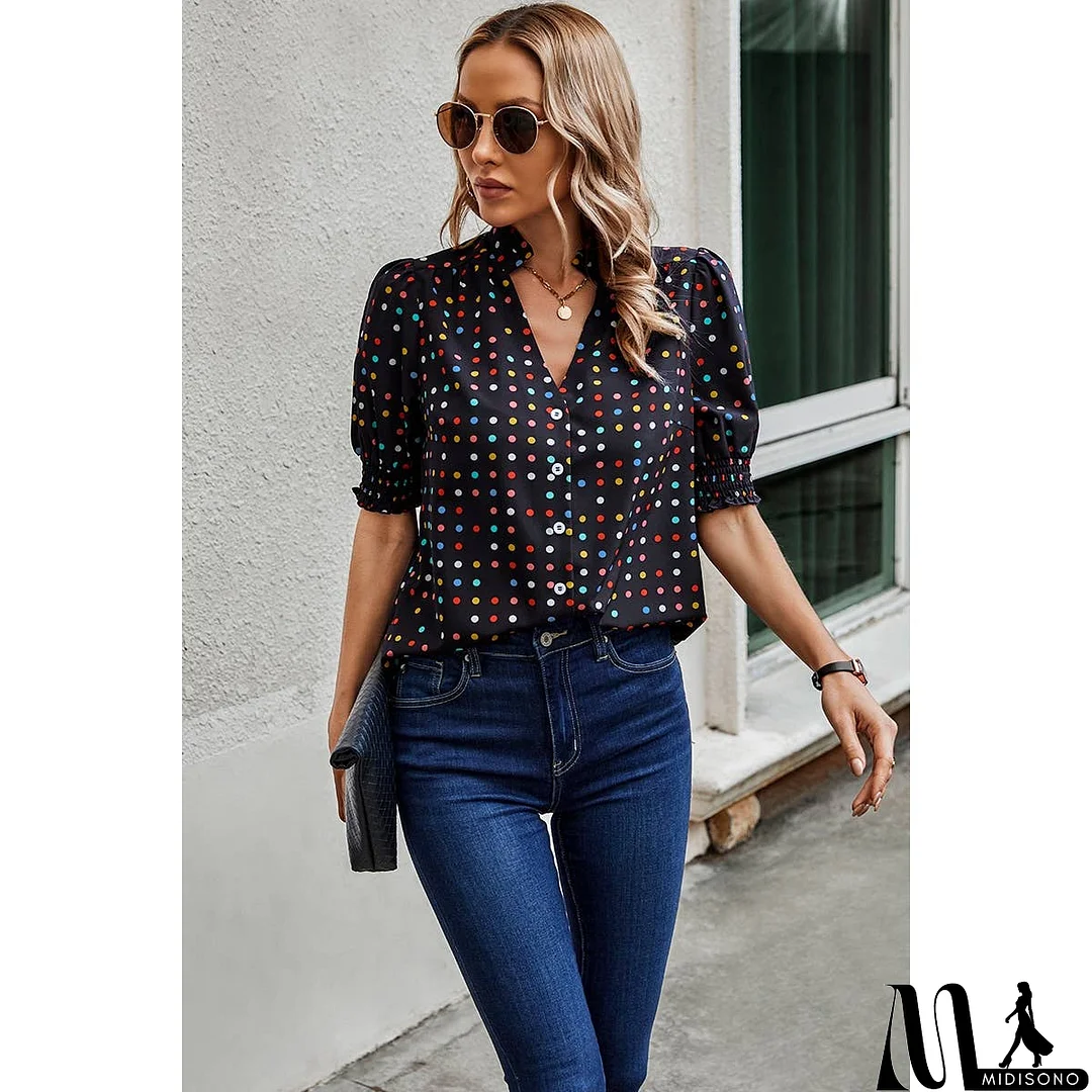 MidiSono - Polka Dot Print Puff Sleeve Button Shirt