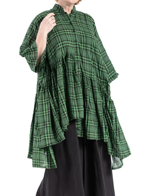 Asymmetrical Pleated Hem Plaid Colorblock Shirts